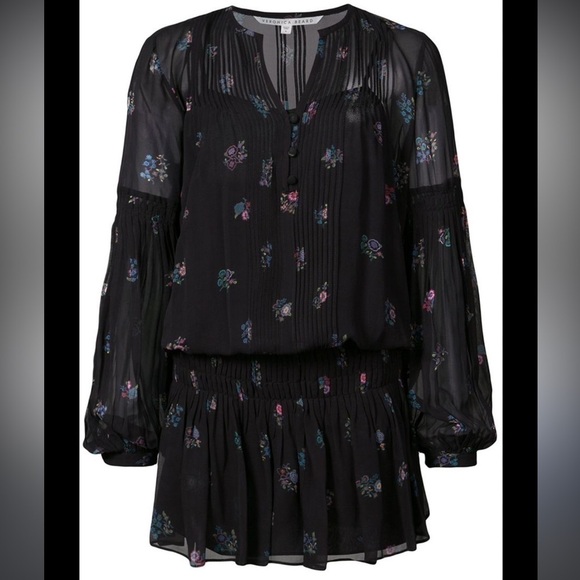 Veronica Beard New Silk Floral Dress long sleeve sz 4 Smocked Mini - Picture 2 of 10